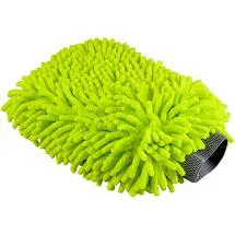 A green microfiber mitt is shown with a black top.