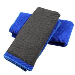 A pair of blue and black towels sitting on top of each other.