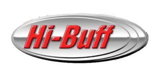 A silver and red logo for hi-buff.