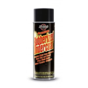 A can of black spray paint with the words " rubberized undercoat ".