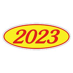 A yellow oval with the number 2 0 2 3 in red.